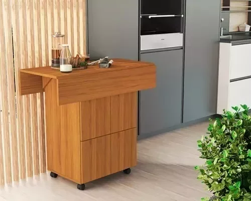 Mesa De Cozinha Dobrável 90cm Annie C/ Bancos e Rodizio 100% Mdf -Nature - 4