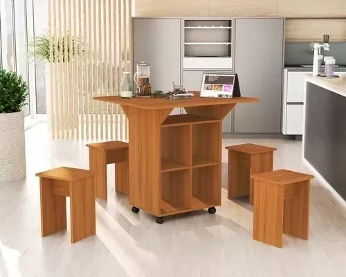 Mesa De Cozinha Dobrável 90cm Annie C/ Bancos e Rodizio 100% Mdf -Nature