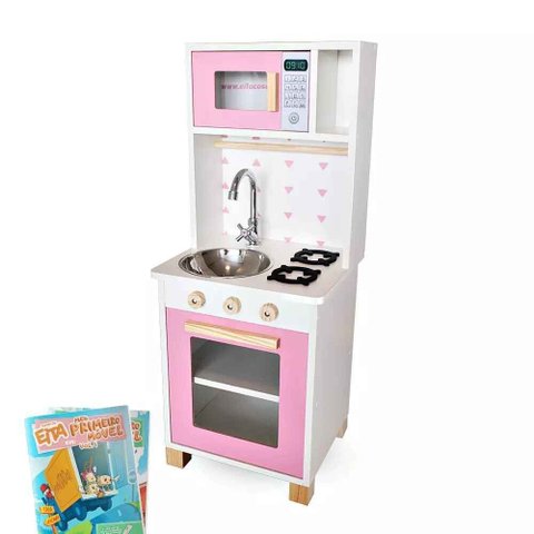 Kit Livro Mini Cozinha Infantil com Pia Fogão e Microondas - Rosa