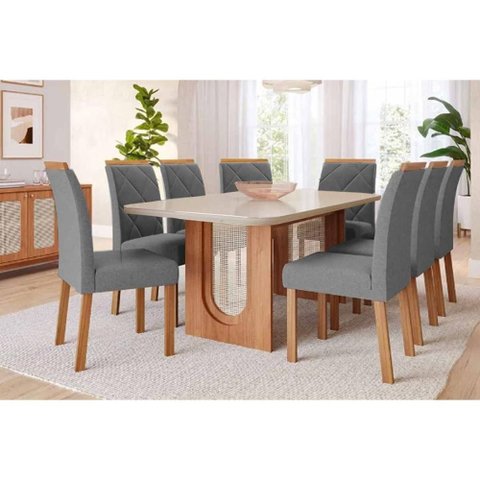 Conjunto: Mesa Sala Jantar Valentina Tampo Madeirado C/ Vidro 210x100cm e 8 Cadeiras Fernanda