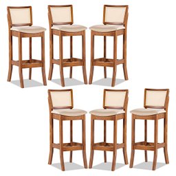 Kit 6 Banquetas Alta Portugal com Encosto Rattan Estofada Linho Bege M58 RMI - 1