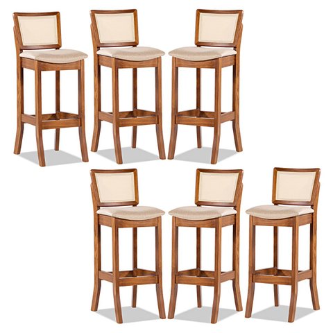 Kit 6 Banquetas Alta Portugal com Encosto Rattan Estofada Linho Bege M58 RMI
