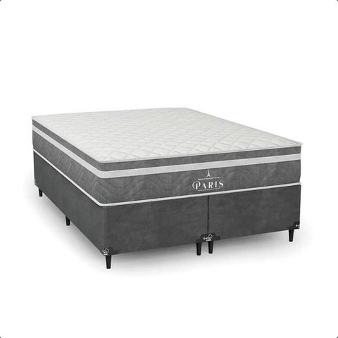 Cama Box Casal Bipartido Cinza + Colchão Paris Molas Cinza Suede Cinza/cinza