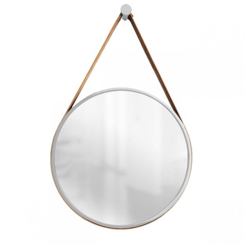 Espelho Decorativo Adnet Cinza Alça Corino Café 60cm Redondo