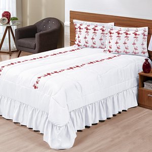 Kit Cobre Leito Casal Padrão Lisse 03 Peças Colcha Branco c/ Vermelho