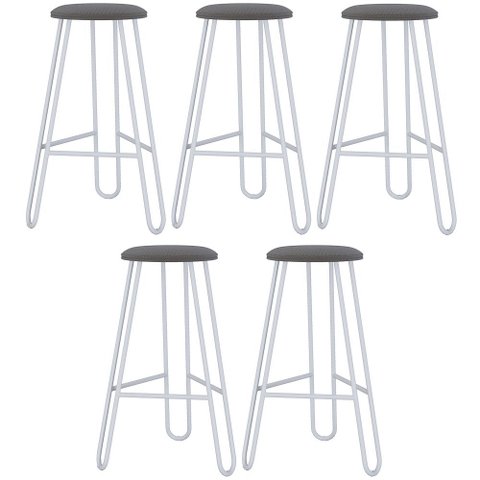 Kit 05 Banquetas Baixa Bar Cozinha Sala de Jantar Áris C01 Branco Linho Fendi Cinza - Lyam Decor