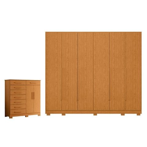 Guarda Roupa Casal Mercure 6 Portas e Cômoda Verona 08 Gavetas Cinamomo - Móveis Albatroz