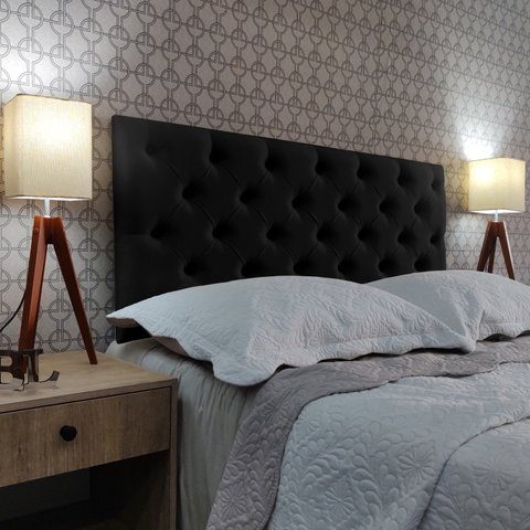 Cabeceira Solteiro 90 Cama Box Classic Capitone Preto Suede com Pés Rbl