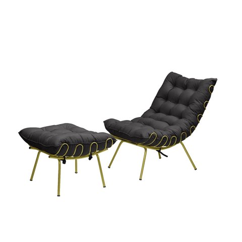 Poltrona Costela com Puff Adão Base Metal Dourado Veludo Preto