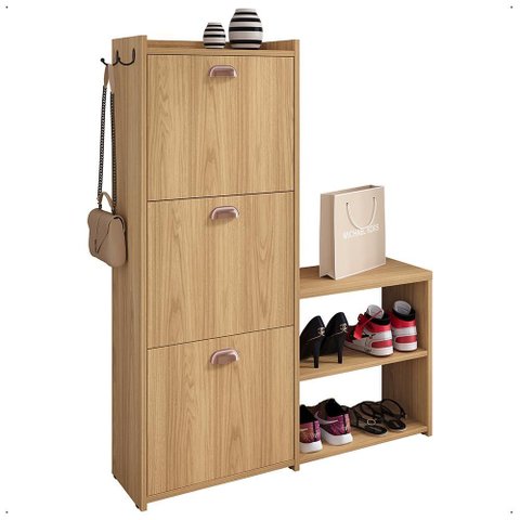 Sapateira Vertical 3 Gavetas Banco Prateleira Sapatos Gancho Bolsa Hall Entrada Quarto Hanover