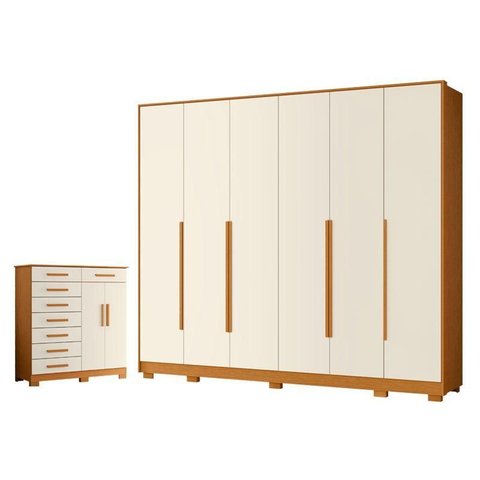 Guarda Roupa Casal Mercure 6 Portas e Cômoda Verona 08 Gavetas Cinamomo Off White - Móveis