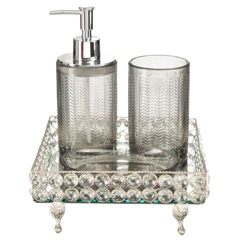 Conjunto Lavabo Banheiro Dispenser Líquido Bandeja Espelhada