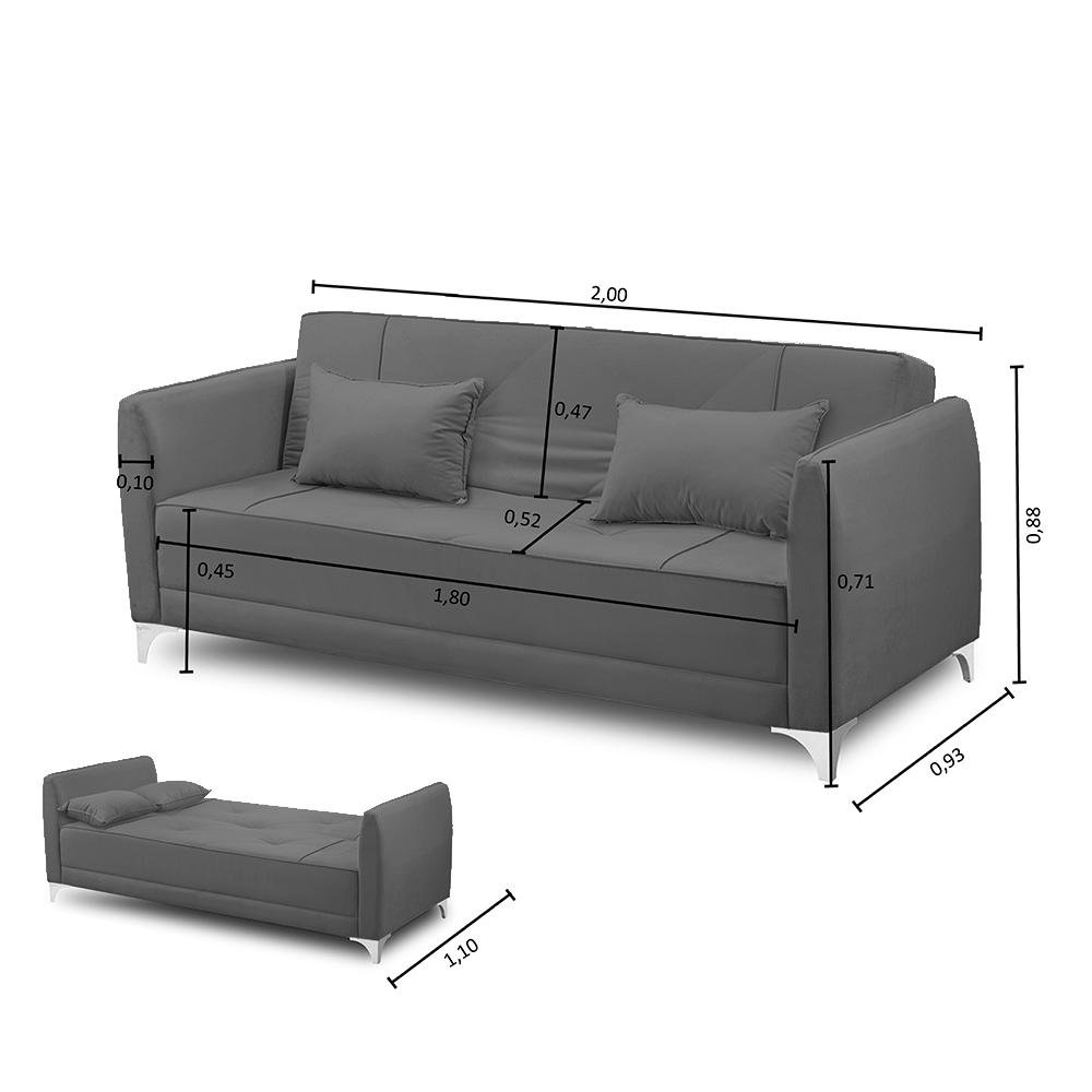 Sofá Cama Vitoria 2,00m 3 lugares Suede Cinza Adonai Estofados