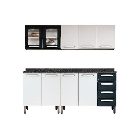 Cozinha Modulada Completa Evidence 4 Peças (2 Armários + 2 Balcões) C4P41 Branco/Preto -