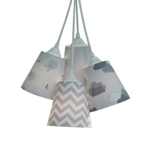 Lustre Pendente Bebê Nuvens e Carneirinhos Cinza e Branco