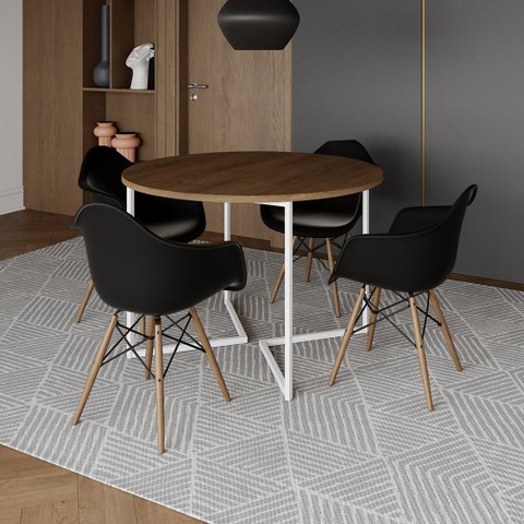 Mesa Jantar Industrial Amêndoa 110cm Redonda Base V Ferro Branco com 4 Poltronas Eiffel Pretas Madei