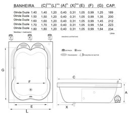 Banheira Dupla Olinda Combate com Hidro em Acrílico - 1.50x1.20x0.40 - 127v - 7