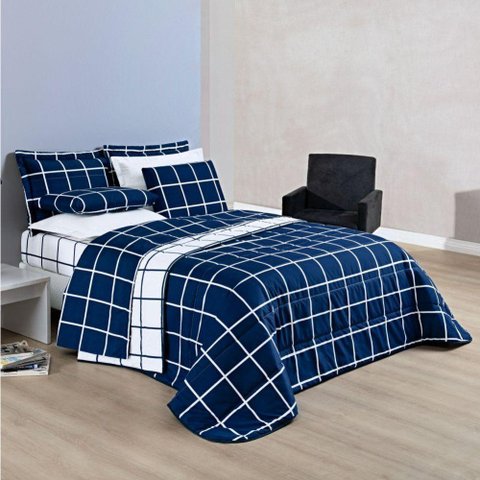 Cobre Leito Solteiro Austin Micropercal 200 Fios Dupla Face - 2 Peças Cor Xadrez Marinho