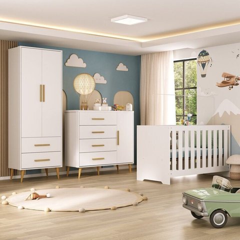 Quarto Infantil Completo Guarda-Roupa 2 Portas 2 Gavetas com Cômoda e Berço Magia Espresso Móveis Branco