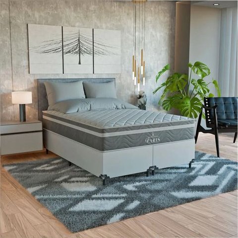 Cama Box Casal Bipartido + Colchão Paris Molas Cinza Couro Branco/cinza