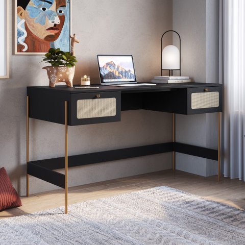 Escrivaninha Oslo 2 Gavetas Palinha Mdf Hanover ou Nero Base Metal Dourada - Artesano
