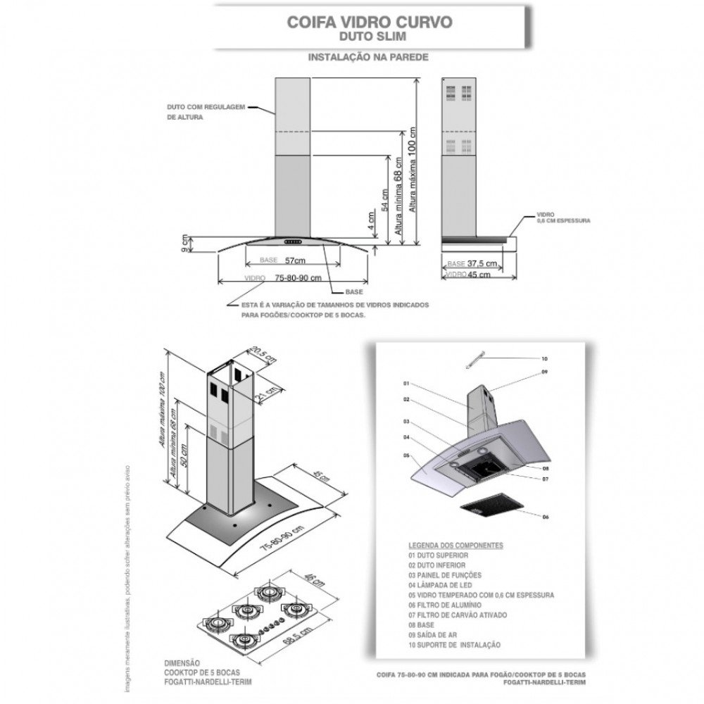 Coifa de Parede 75cm Vidro Curvo Duto Slim Nardelli Inox - 5