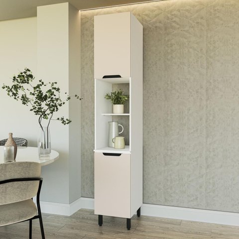 Armário Paneleiro Meena 40x224,5cm com 2 Portas e 2 Nichos Branco/Creme 250018
