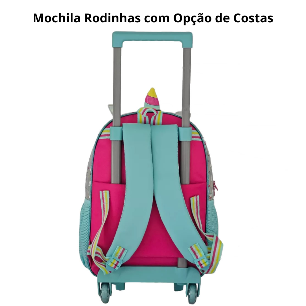 Kit Mochila Unicórnio Holográfica com Rodas e Costas com Estojo e Lancheira Clio - 5