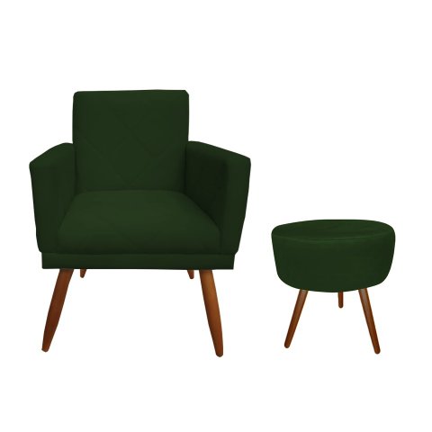 Kit Poltrona Decorativa Nina Riscado + Puff Redondo Suede Verde Pés Madeira Ms Decor
