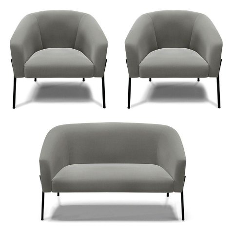 Sofá Namoradeira e 2 Poltronas Pé de Ferro Preto Stella Suede D03 - D'Rossi Cor Grafite