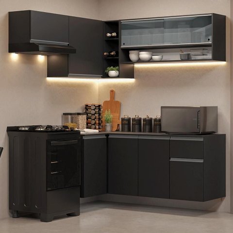 Armário de Cozinha Completa de Canto Suspenso 325 Cm Preto Nice Madesa 02 Preto