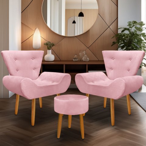 Kit 2 Poltrona Emilia +puff Redondo Decorativo:rosa
