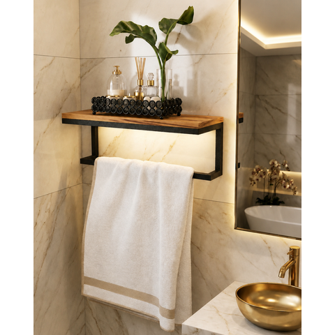 Toalheiro Industrial 60cm com Prateleira Peroba Rosa Maciça e Aço Preto Fosco