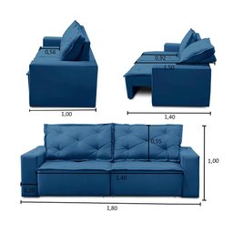Sofá Retrátil e Reclinável 3 lugares com Molas 1,80m Ana Suede Azul Adonai Estofados - 3