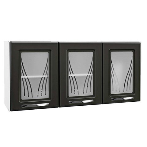 Armário Aéreo p/ Cozinha Star New c/ 3 Portas c/Vidro 120cm Branco/Preto - Telasul