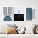 Ver imagem 2 de Kit 3 Quadros Abstrato Azul Petróleo Linhas Arcos 45x34cm - com Vidro:moldura Preta