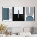 Ver imagem 1 de Kit 3 Quadros Abstrato Azul Petróleo Linhas Arcos 45x34cm - com Vidro:moldura Preta