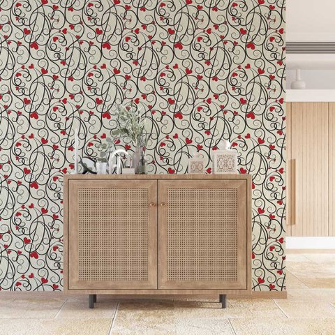 Papel de Parede Arabesco Floral Vermelho e Amarelo Gh Papel de Parede 2,2m