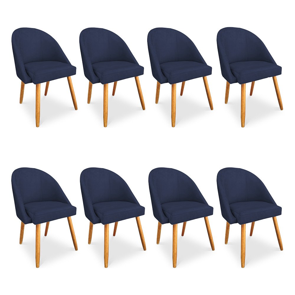 Kit 08 Cadeiras Jantar Bela Suede Azul Marinho Pés Palito Castanho - Pallazio