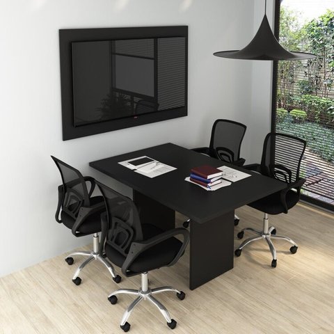 Kit com Mesa para Reunião 4 Lugares e Painel para TV até 55 Polegadas Preto