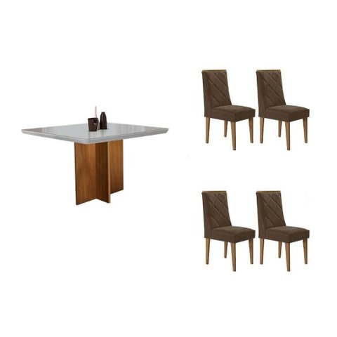 Conjunto: Mesa Sala Jantar Berlim Curvo 90cm + 4 Cadeiras Pietá Naturale/off White - Linho