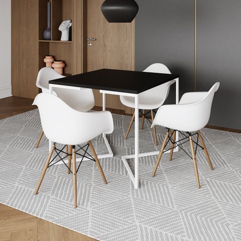 Mesa Jantar Industrial Quadrada 90cm Preta Base V Ferro Branco com 4 Poltronas Eames Eiffel Brancas