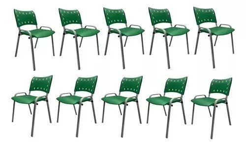 Kit Com 10 Cadeiras Iso Para Escola Escritório Comércio Verde Base Prata - 1