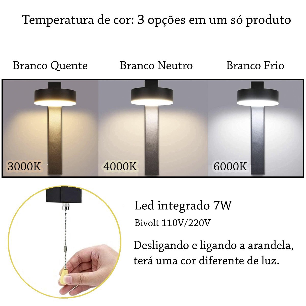 2 Arandela com Interruptor Cordinha Led Foco Movel Bet22 - 3