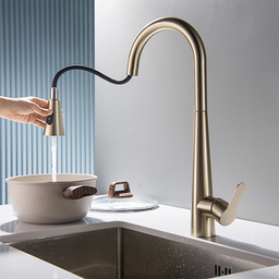 Torneira Misturador Monocomando Dourado Fosco Gourmet Bica com Ducha Extensível para Cozinha - 5