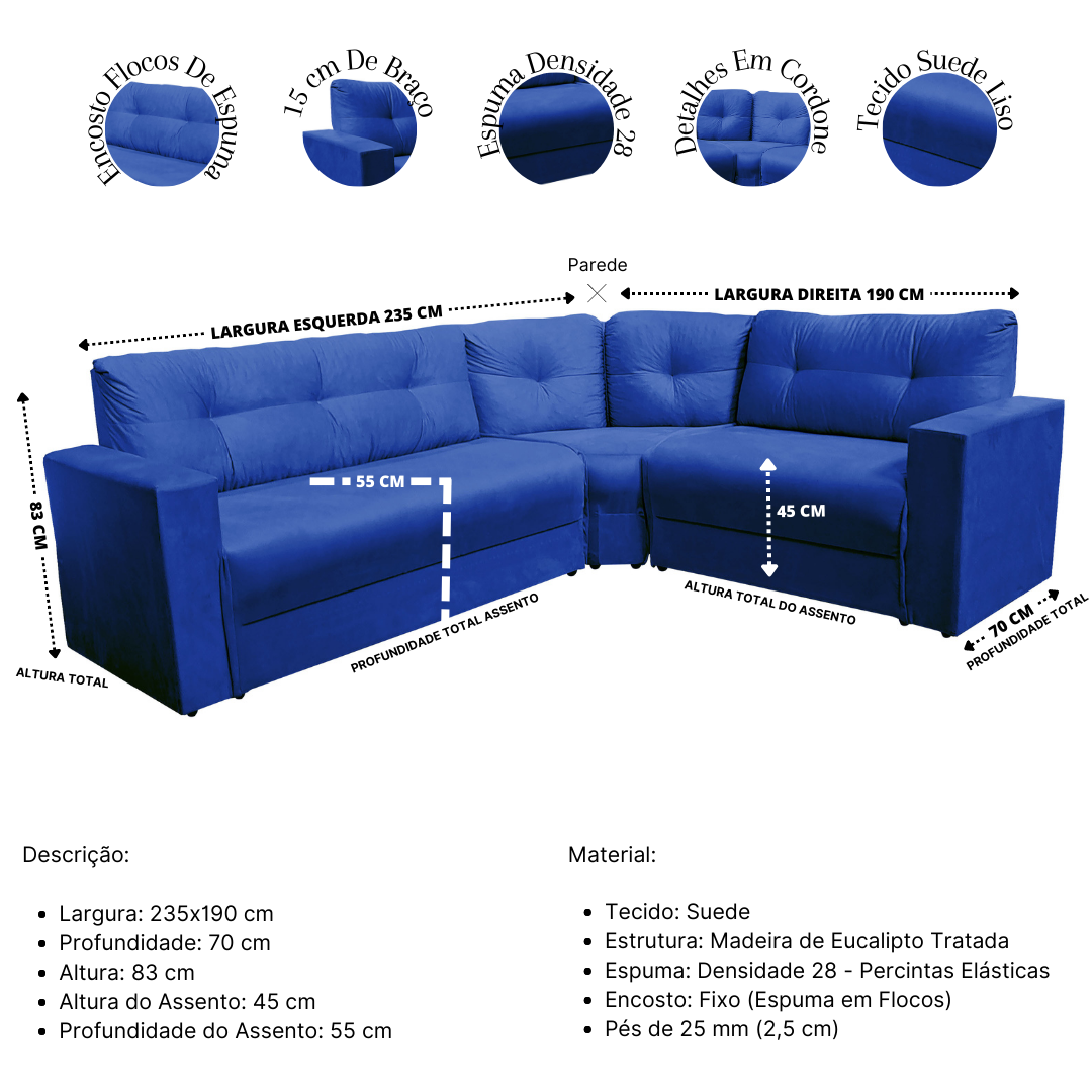 Sofá De Canto 6 Lugares Oriente Suede Liso Encosto Fixo