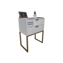 Ver imagem 1 de Mesa de Cabeceira Off White 50cm Eco Industrial 2 Gavetas Quarto Base Metal Dourada Puxador Gold
