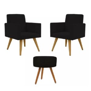 Kit 2 Poltronas Decorativa + Puff Talita Cor Preto Tecido Suede Salão,recepção ,escrtitório