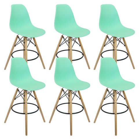 Kit 6 Banquetas Charles Eames Eiffel Wood Design Base Fixa Madeira - Verde