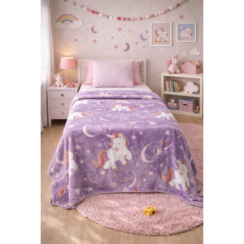Cobertor Manta Infantil Brilha no Escuro Unicornio Roxo 1,80x2,00cm Queninha e Macia